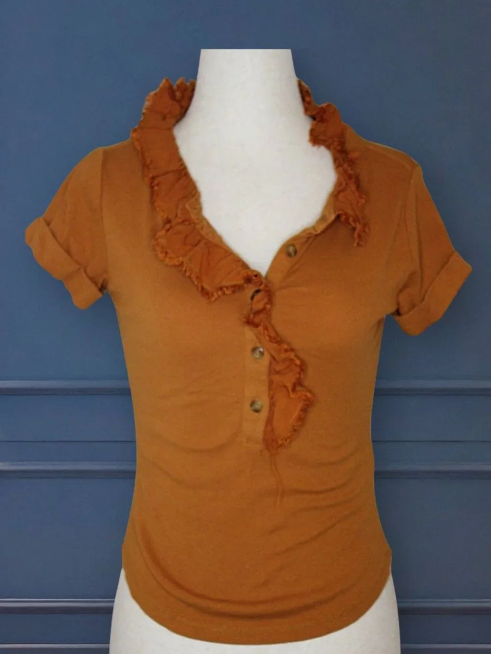 Pilcro and the Letterpress Burnt Orange Ruffle Henley Top Size XS